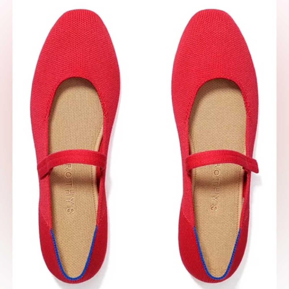 Rothy's Red Mary Jane Flats with Blue Trim